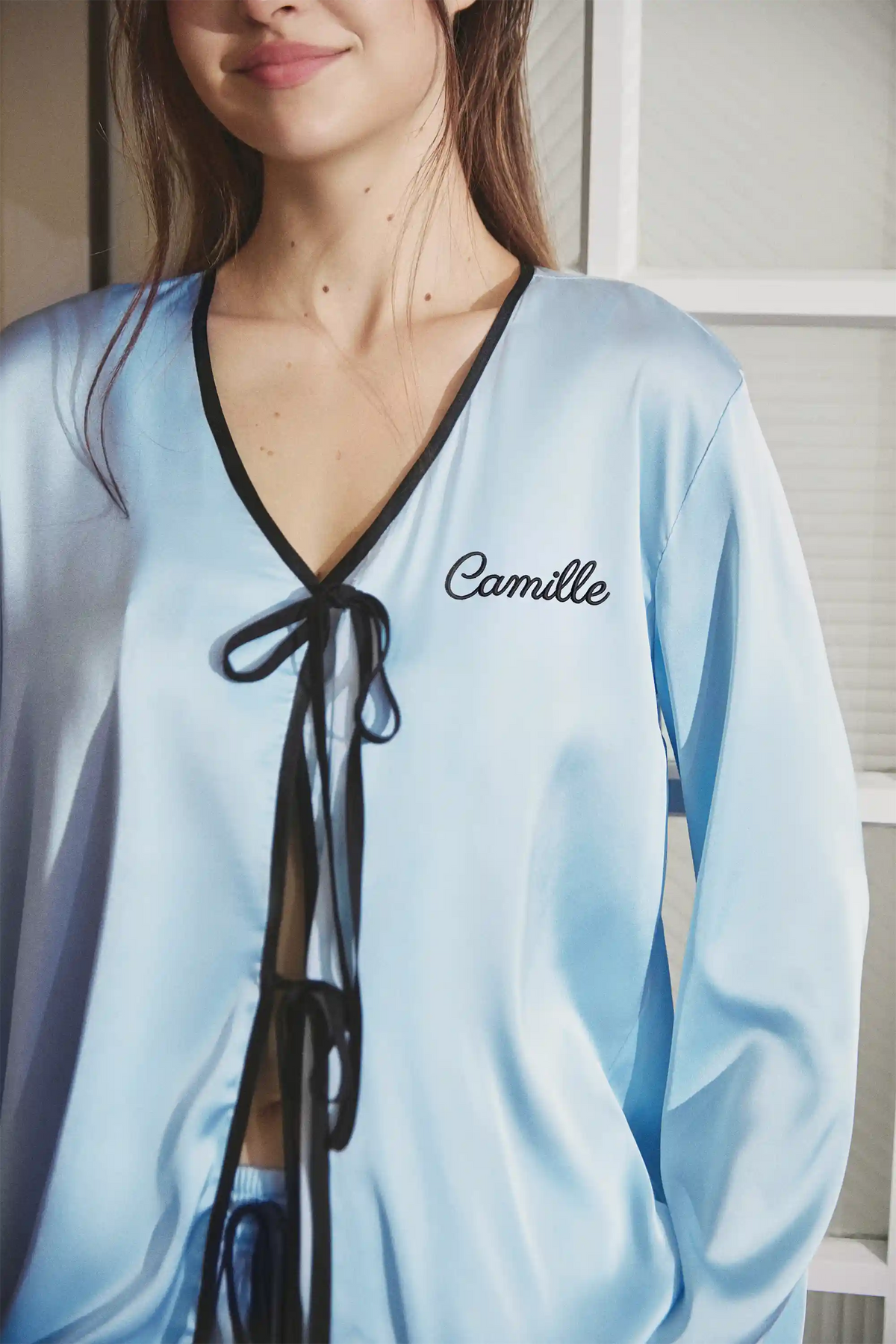 Camille Ribbons Satin Pajama Set - Baby Blue