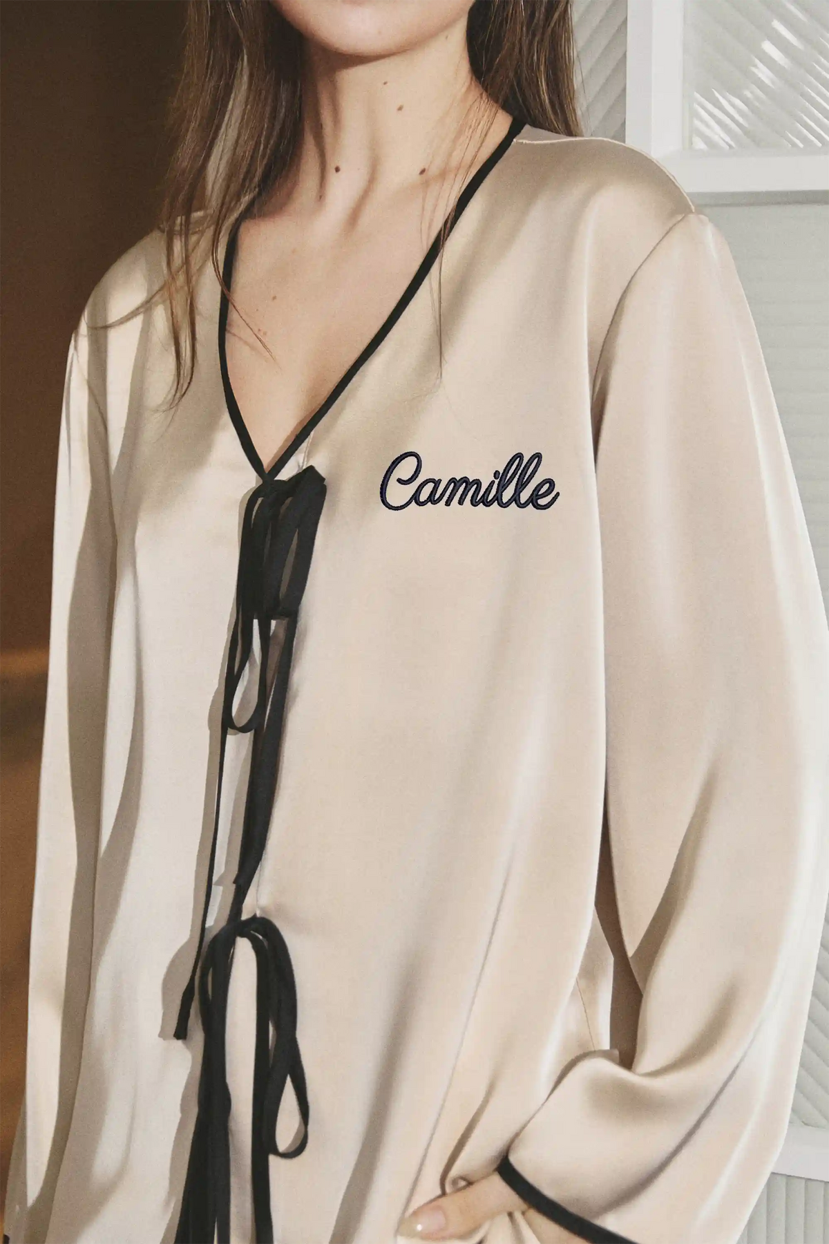 Camille Ribbons Satin Pajama Set - Champagne