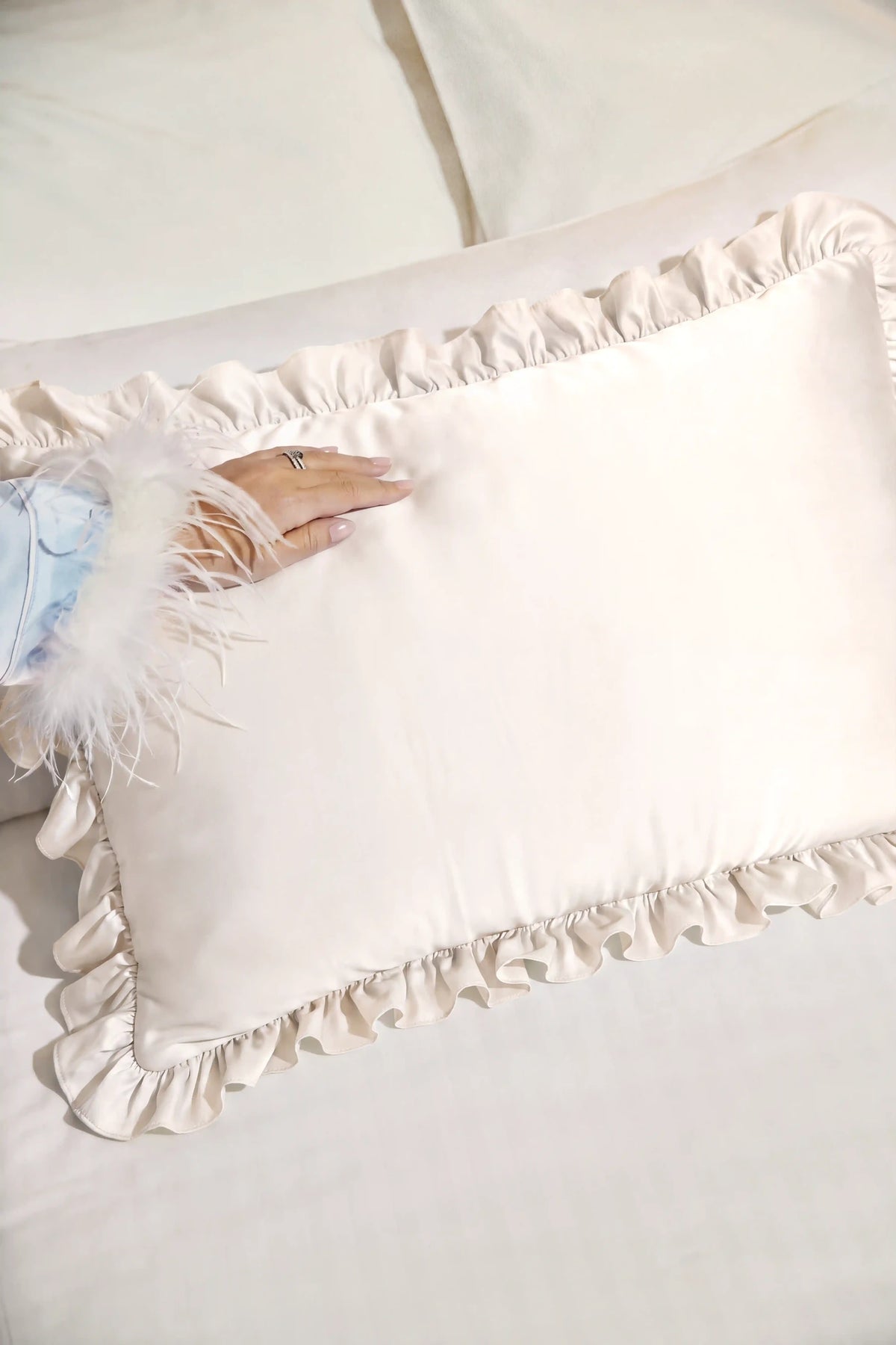 Ruffle Trim Satin Pillowcase in Ivory showcasing its silky satin texture and subtle sheen