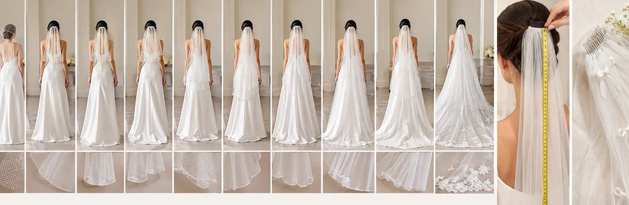 Wedding veil length chart showing bridal veils from short birdcage styles to long cathedral veils