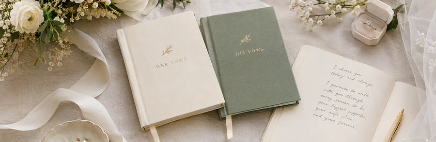 Wedding vow books and handwritten promises styled with ivory flowers, silk ribbon, and elegant bridal details