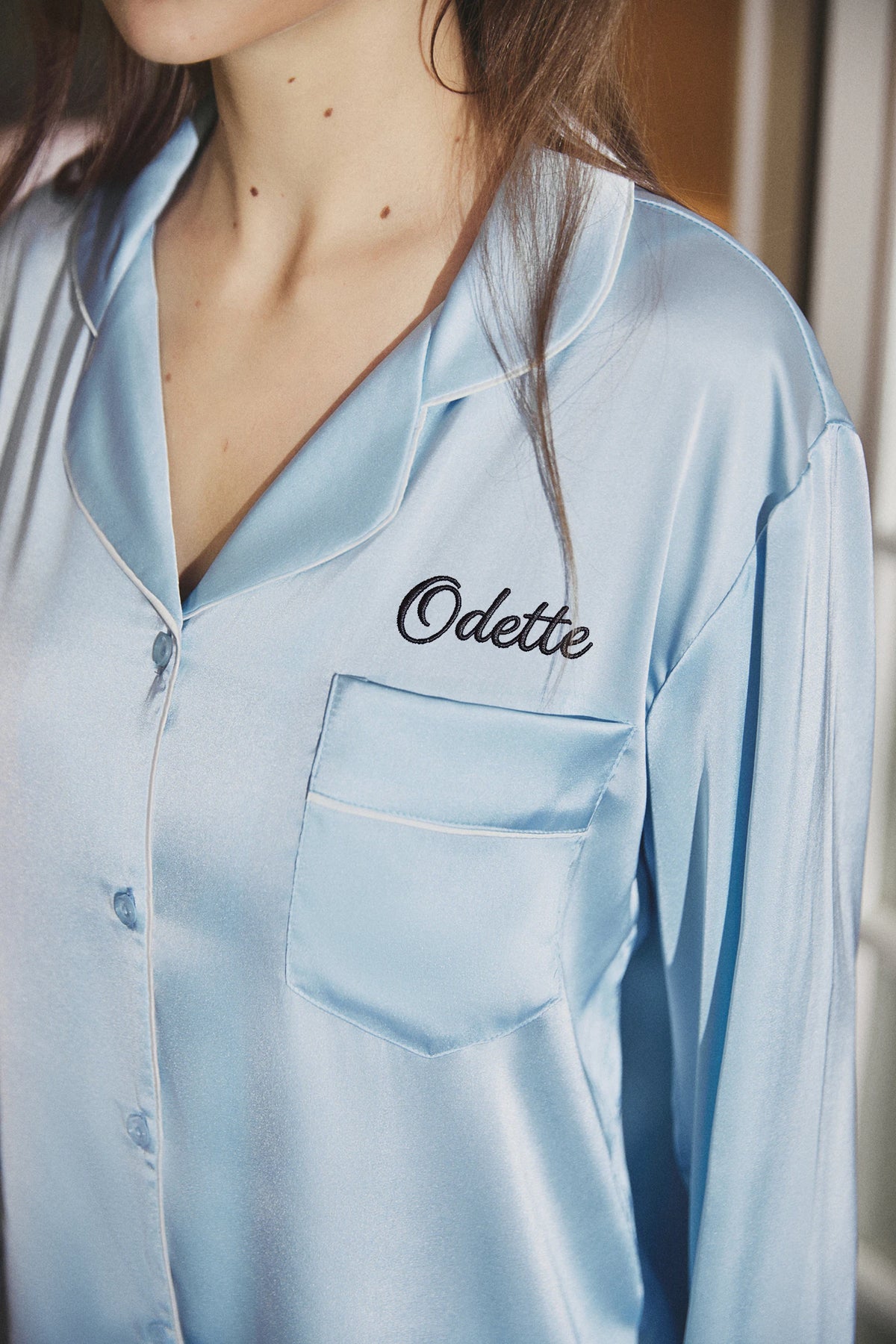 Odette Feather Satin Pajama Set - Baby Blue