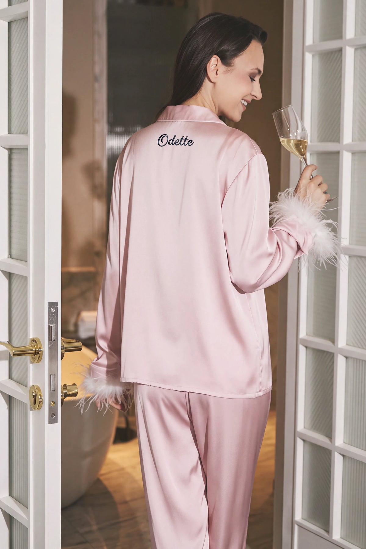 Odette Feather Satin Pajama Set - Blush Pink