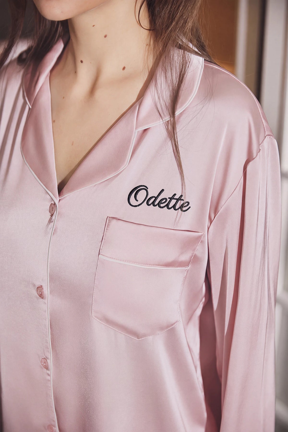 Odette Feather Satin Pajama Set - Blush Pink