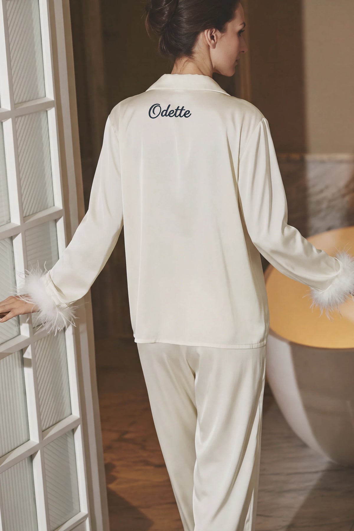 Odette Feather Satin Pajama Set - Ivory