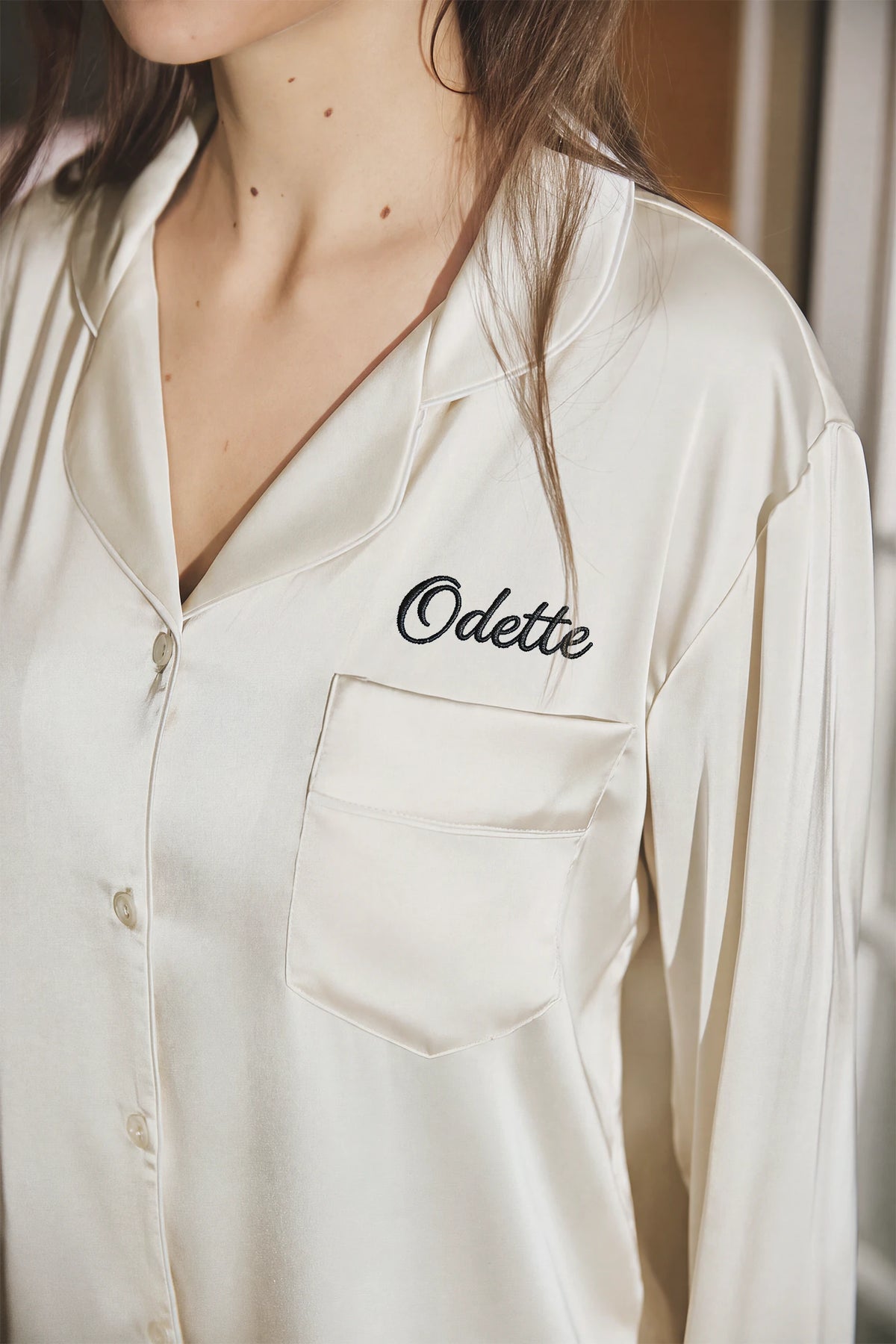 Odette Feather Satin Pajama Set - Ivory
