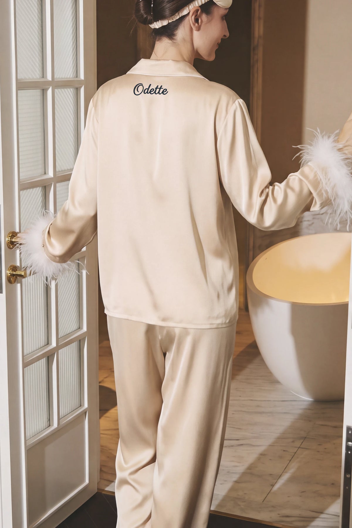Odette Feather Satin Pajama Set - Champagne