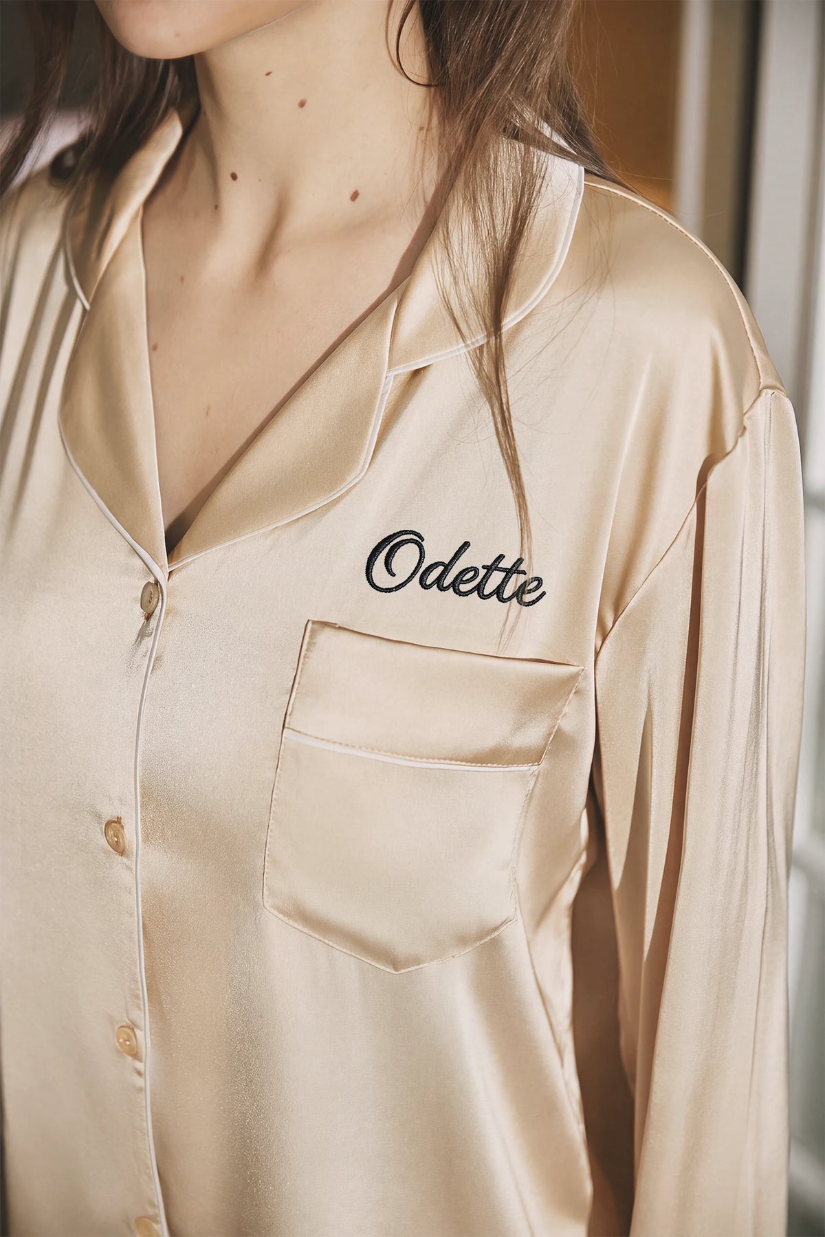 Odette Feather Satin Pajama Set - Champagne