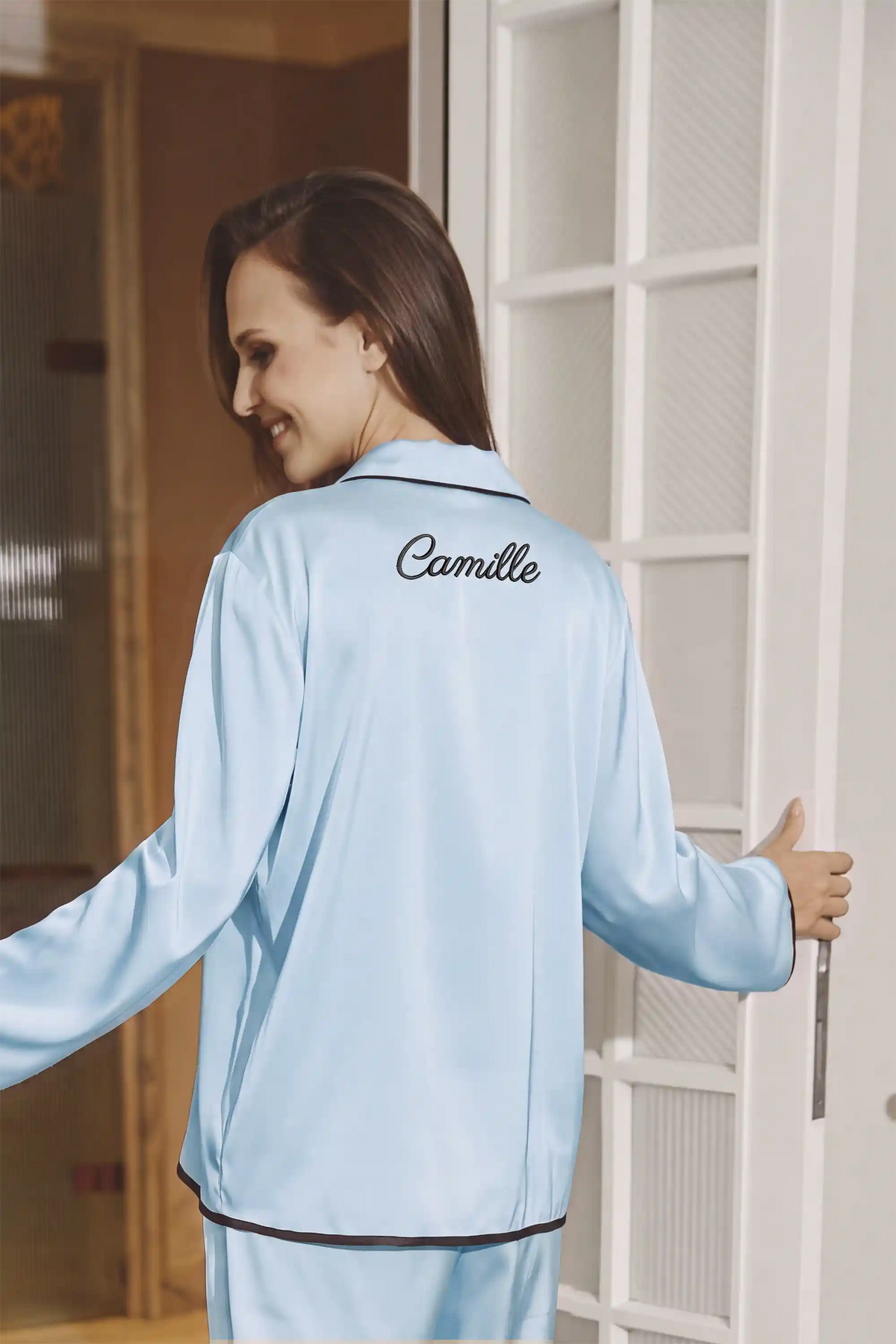 Camille Ribbons Satin Pajama Set - Baby Blue