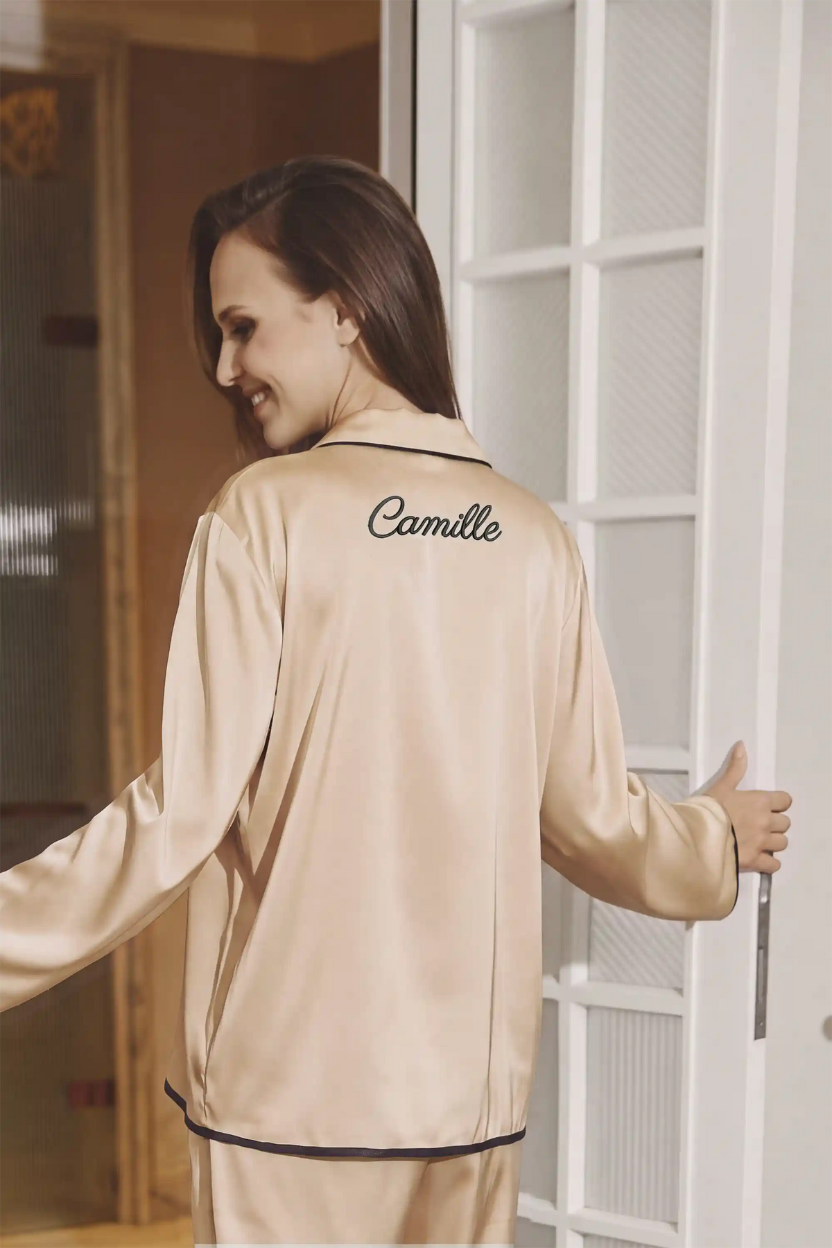 Camille Ribbons Satin Pajama Set - Champagne