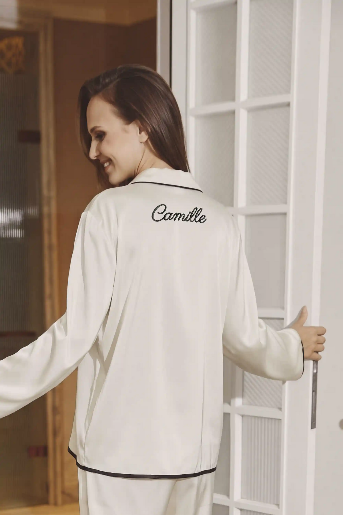 Camille Ribbons Satin Pajama Set - Ivory