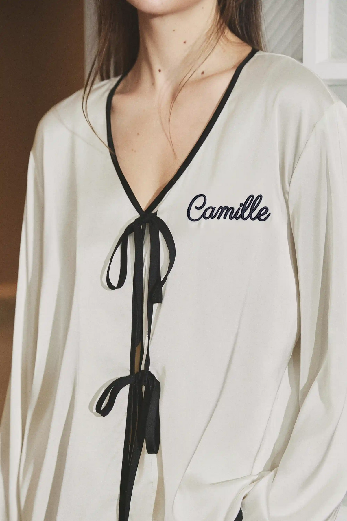 Camille Ribbons Satin Pajama Set - Ivory