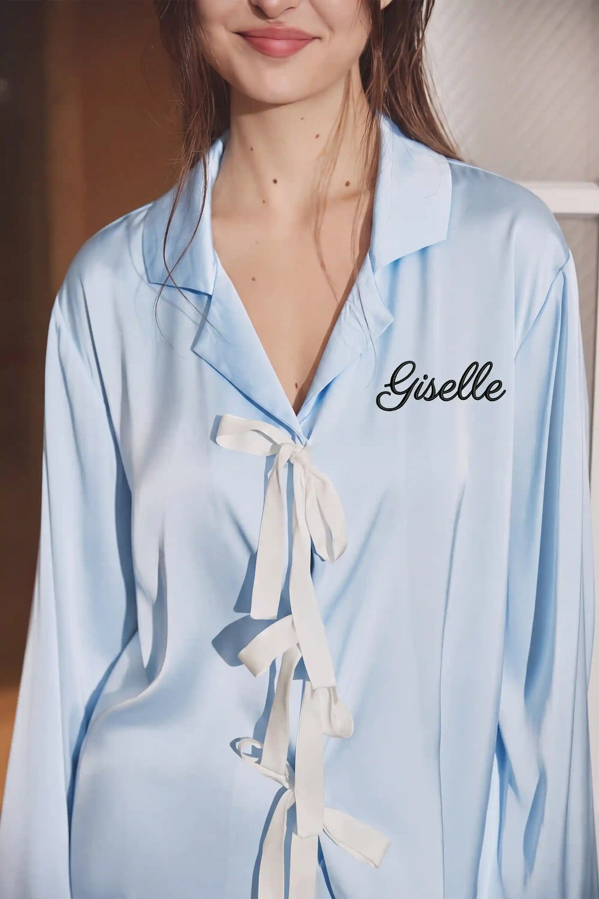 Giselle Feather Bow Satin Pajama Set - Baby Blue