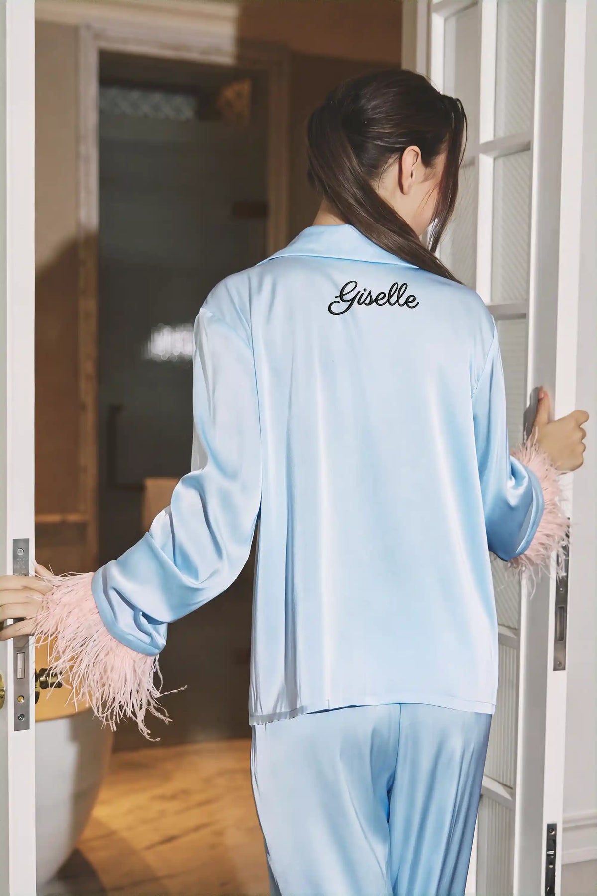 Giselle Feather Bow Satin Pajama Set - Baby Blue