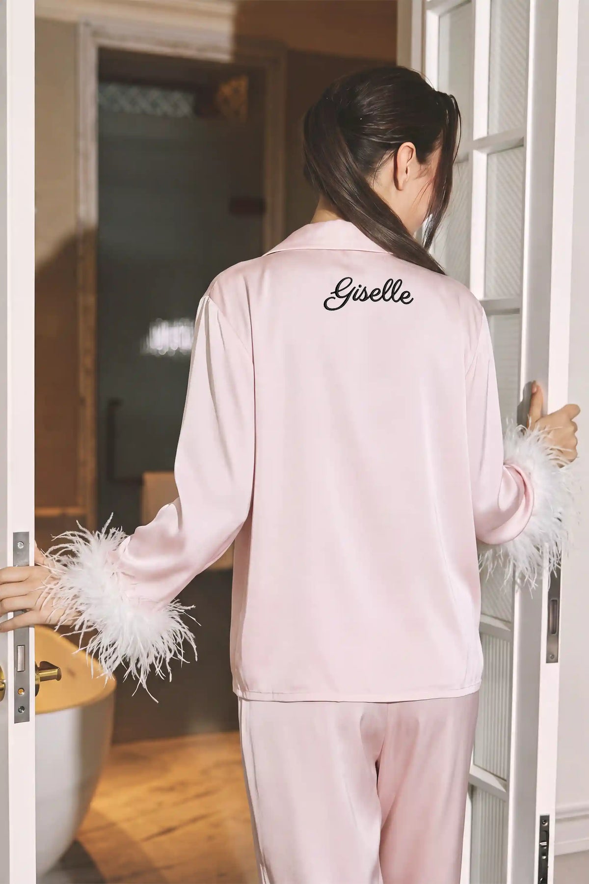 Giselle Feather Bow Satin Pajama Set - Blush Pink