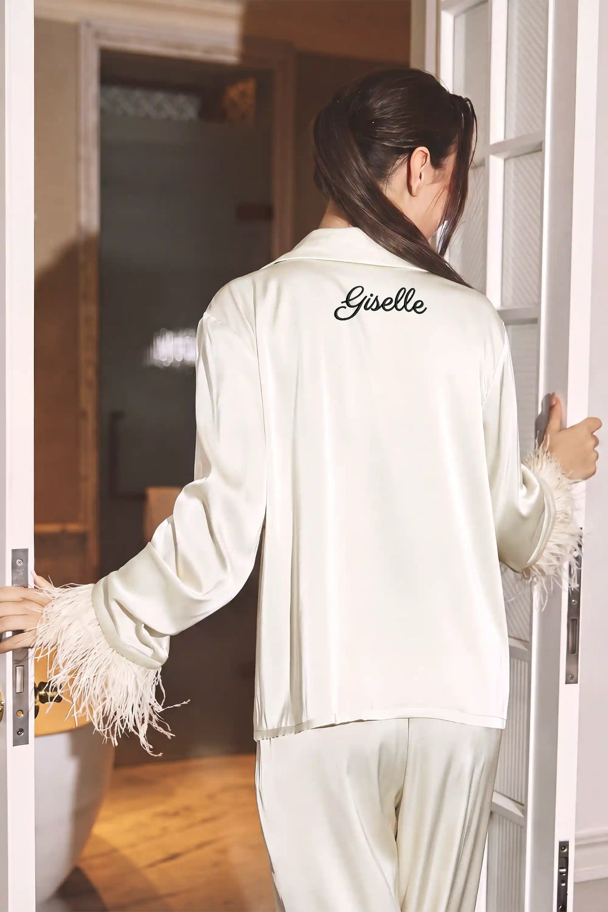 Giselle Feather Bow Satin Pajama Set - Ivory