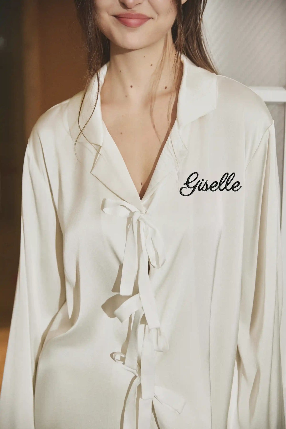 Giselle Feather Bow Satin Pajama Set - Ivory