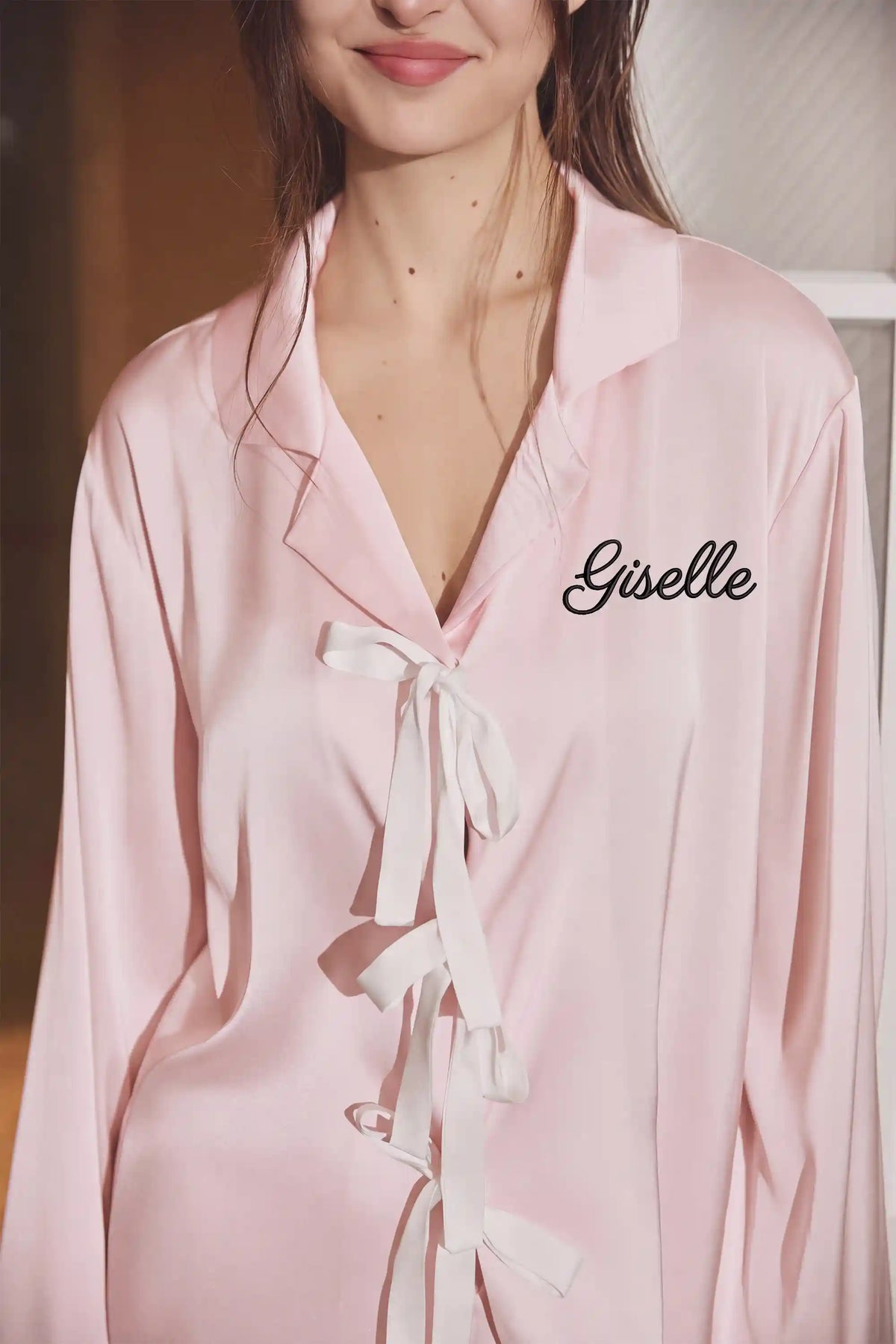 Giselle Feather Bow Satin Pajama Set - Blush Pink