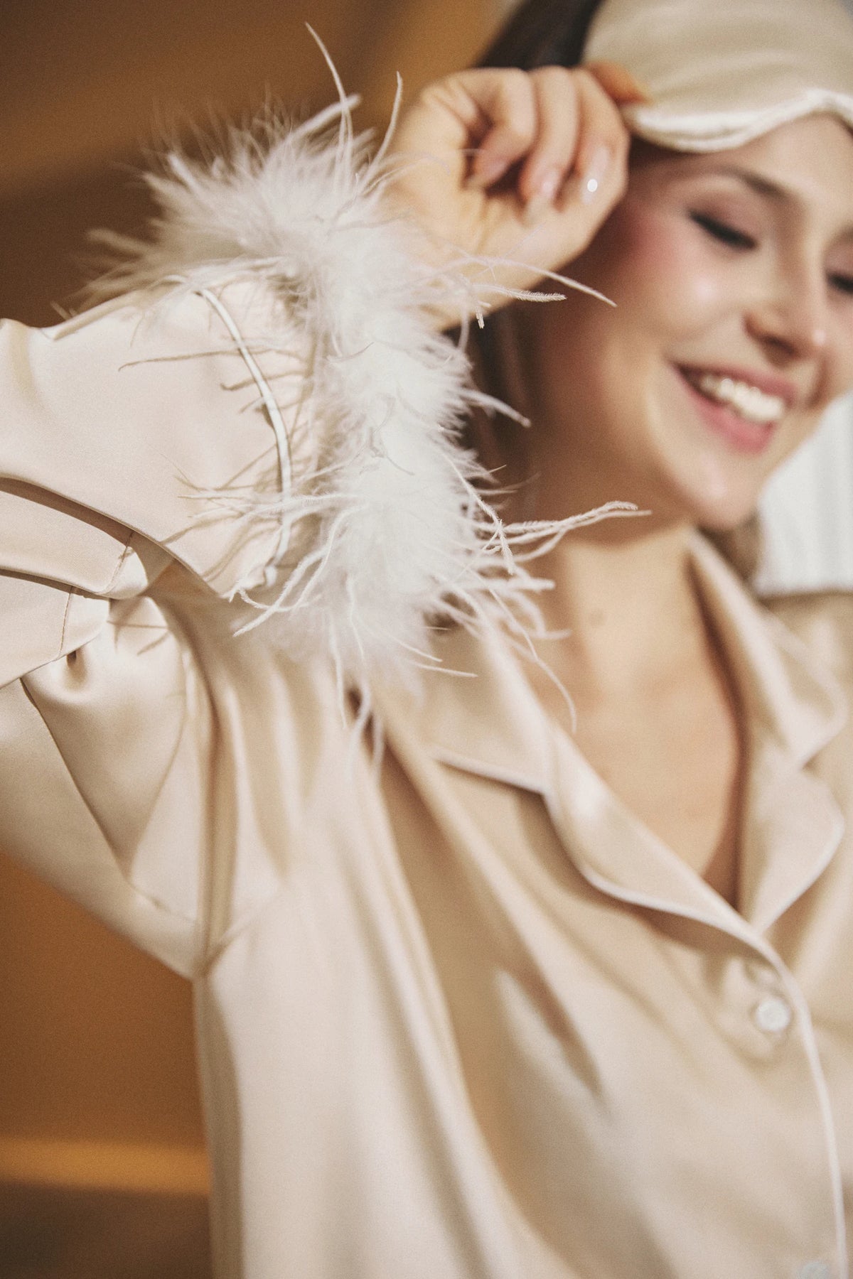 Odette Feather Satin Pajama Set - Champagne