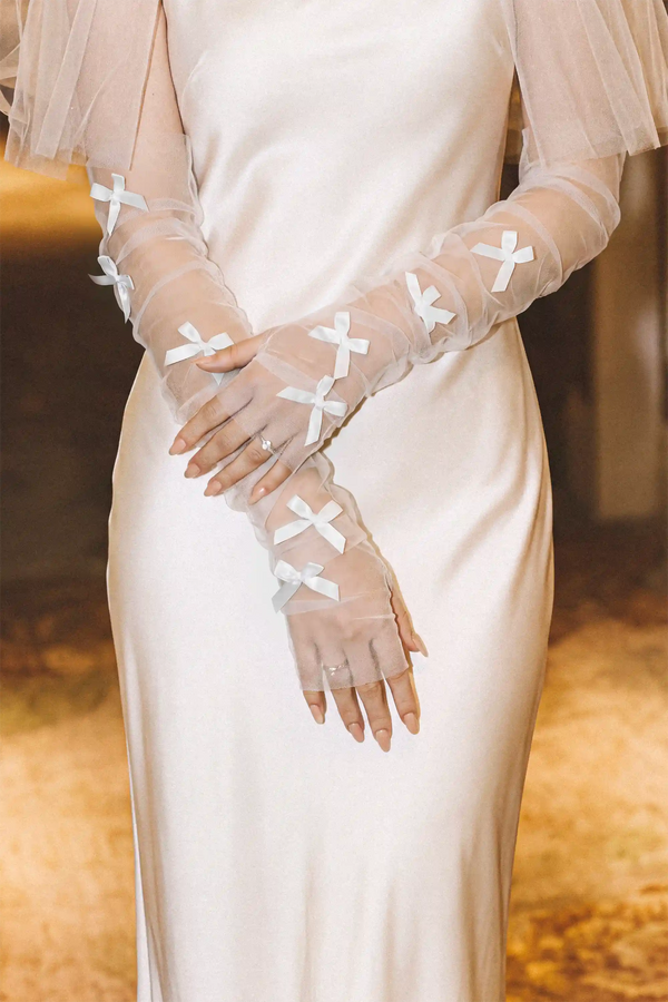Belle Tiny Bow Gloves by Meezily, elegant bridal gloves featuring delicate tiny bow accents