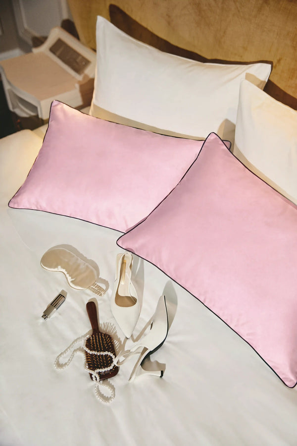 Camille Original Satin Pillowcase in Blush Pink by Meezily, an elegant pink satin pillowcase with a smooth finish
