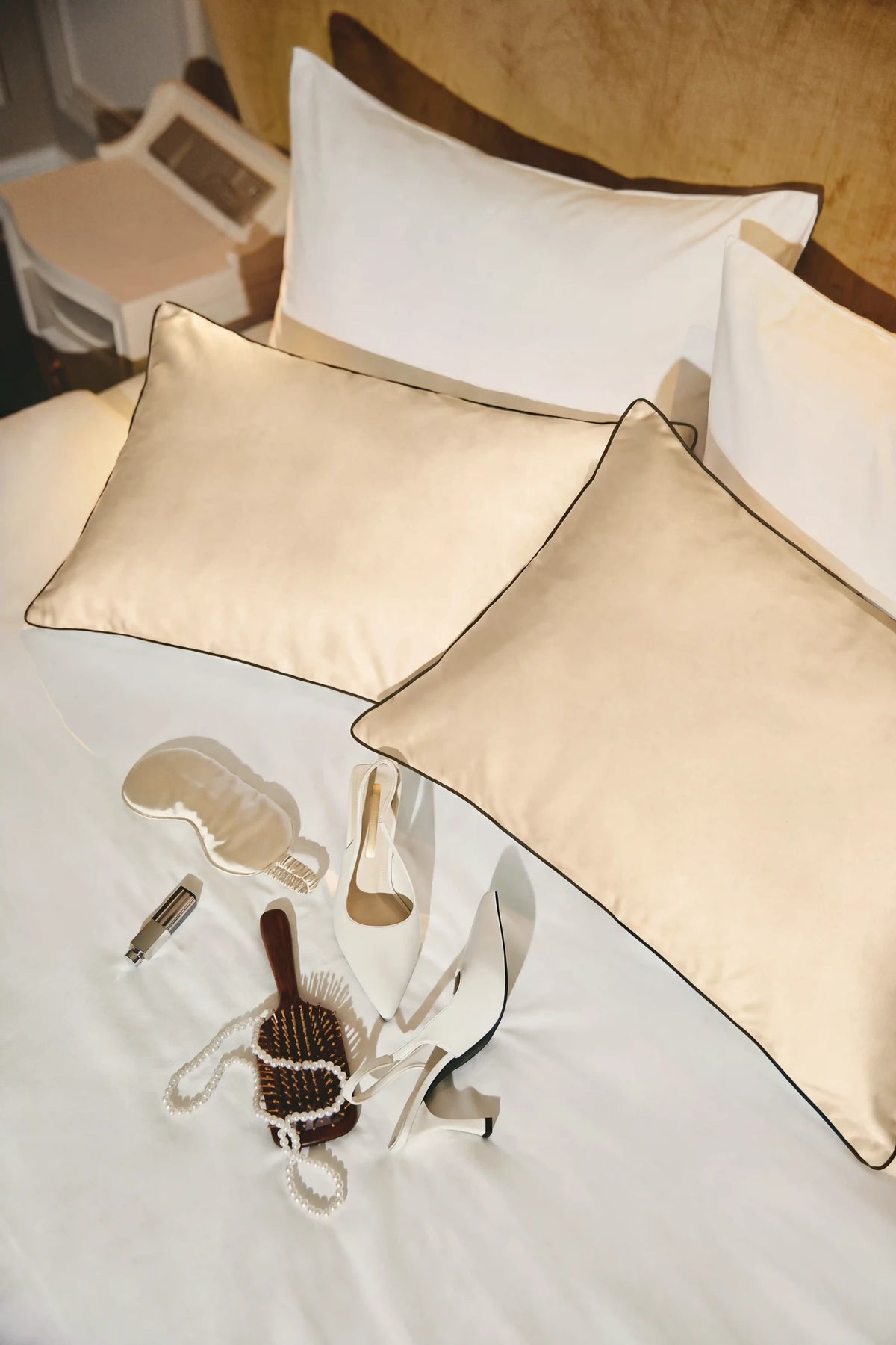 Camille Original Satin Pillowcase in Champagne by Meezily - front view of the elegant champagne satin pillowcase