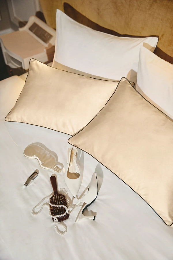 Camille Original Satin Pillowcase in Champagne by Meezily - front view of the elegant champagne satin pillowcase