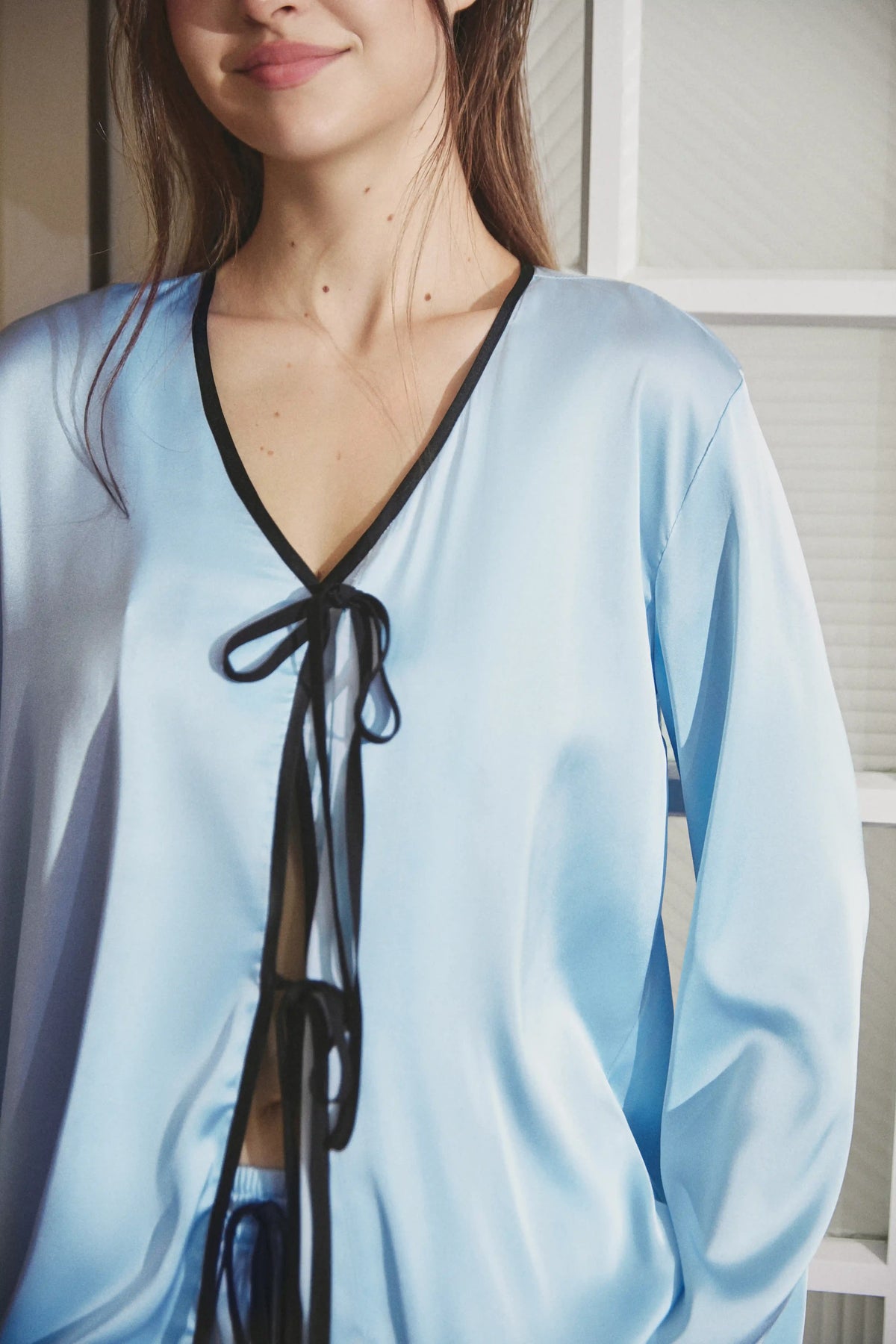 Camille Ribbons Satin Pajama Set in Baby Blue by Meezily, elegant women's satin sleepwear for comfortable lounging