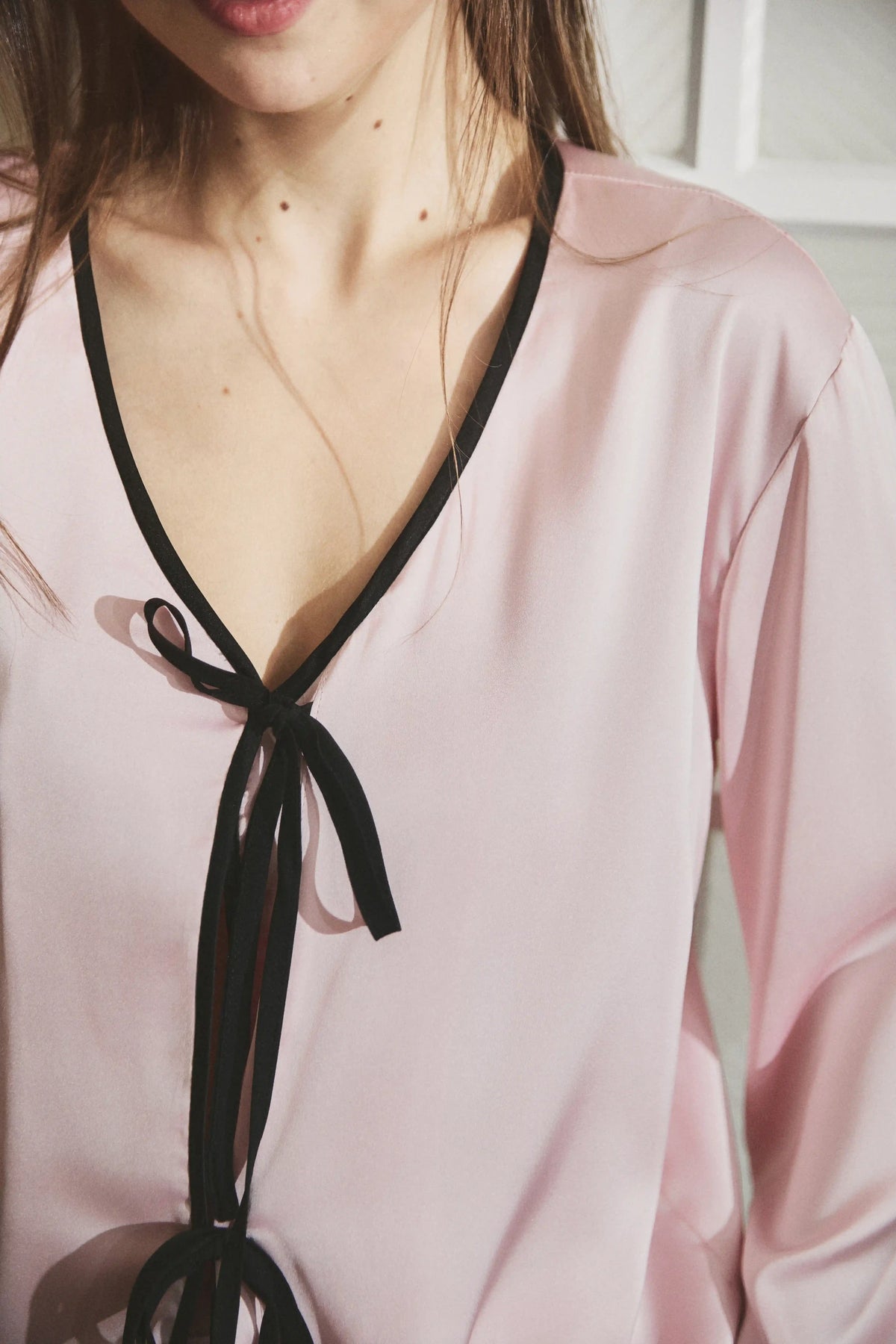 Camille Ribbons Satin Pajama Set in Baby Pink by Meezily, elegant women's satin sleepwear for relaxing and lounging