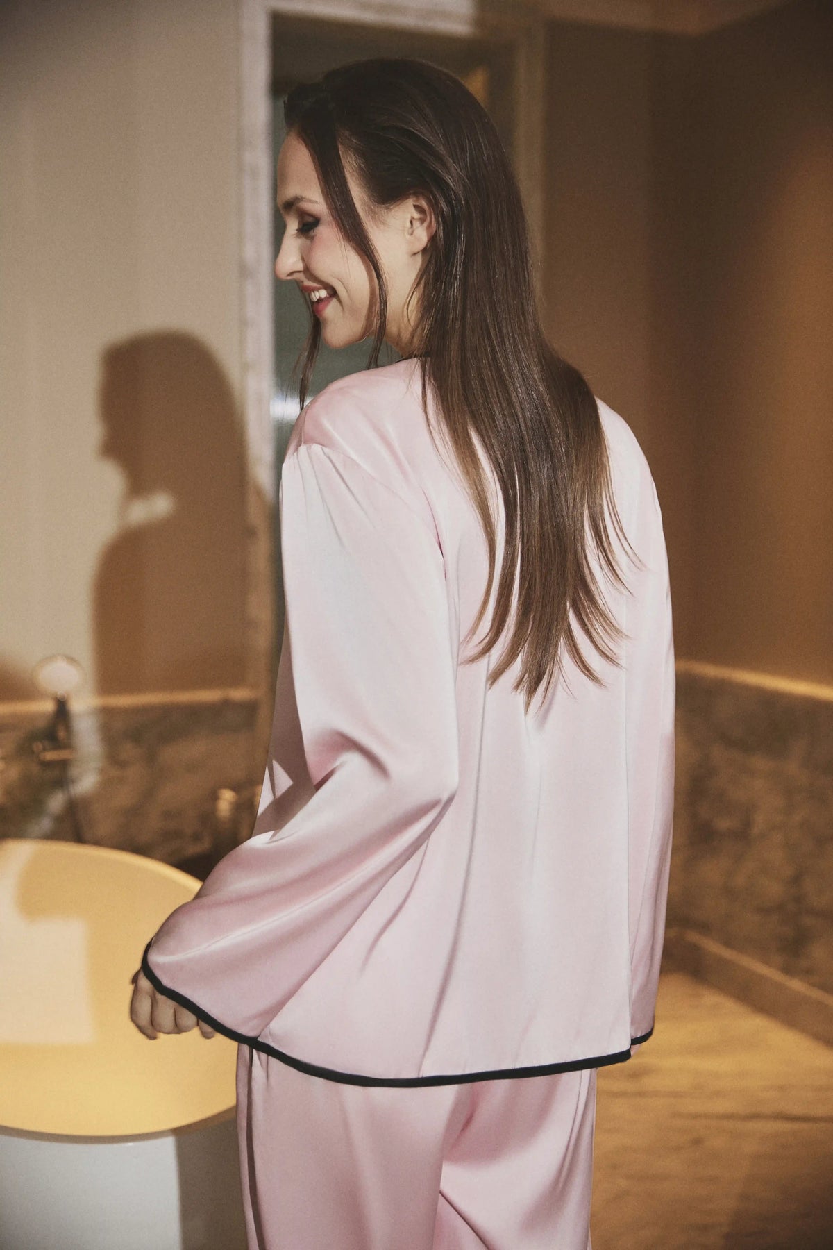 Camille Ribbons Satin Pajama Set in Baby Pink featuring delicate ribbon details and a smooth satin finish