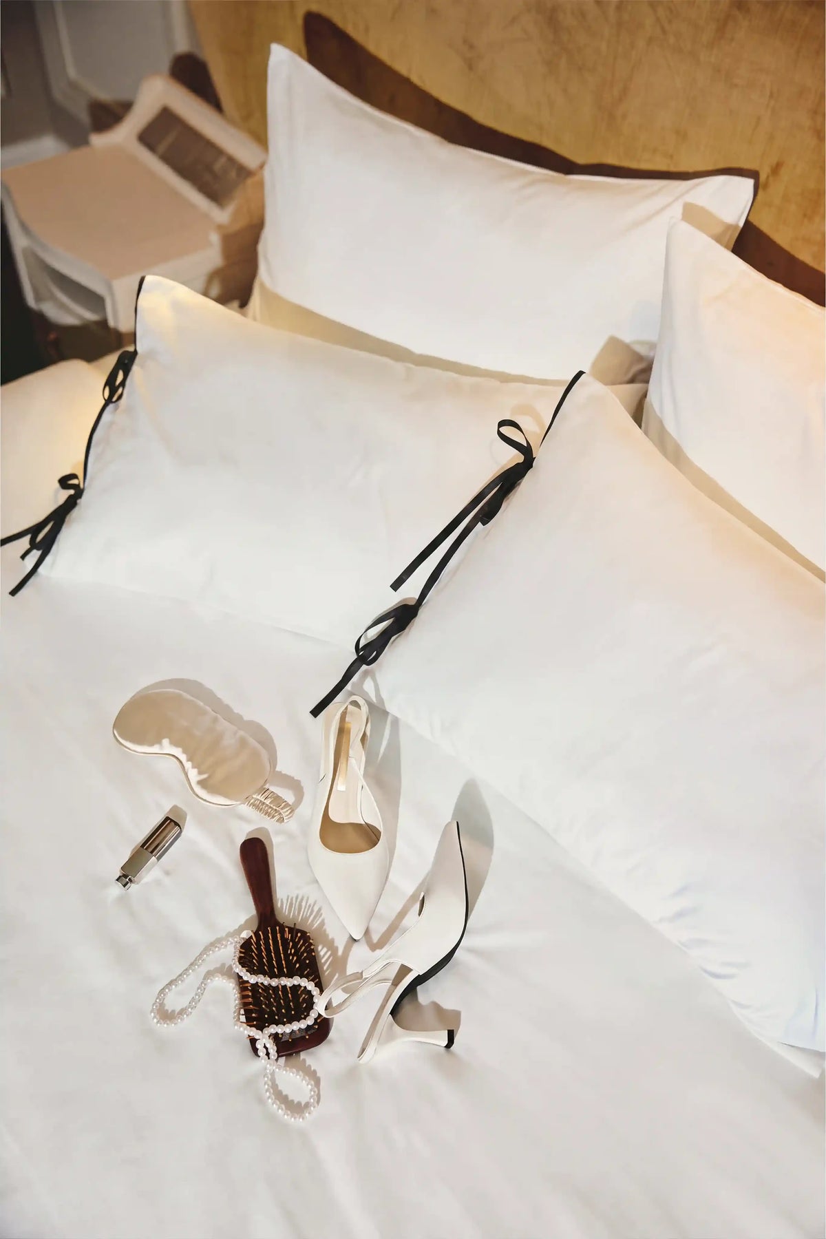 Camille Ribbons Satin Pillowcase in Black by Meezily, elegant black satin pillowcase with a smooth finish