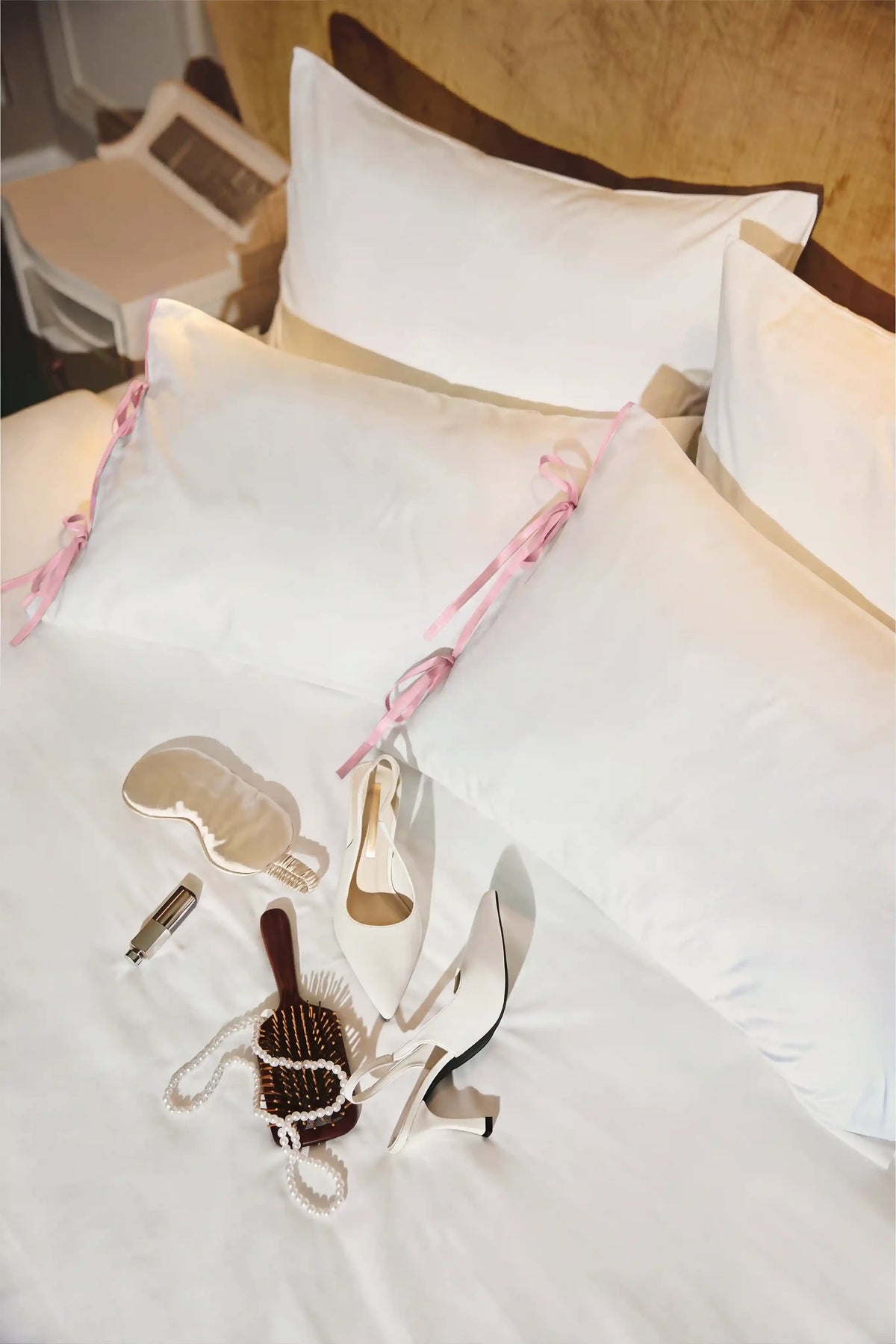 Camille Ribbons Satin Pillowcase in Blush Pink by Meezily – front view of the elegant pink satin pillowcase