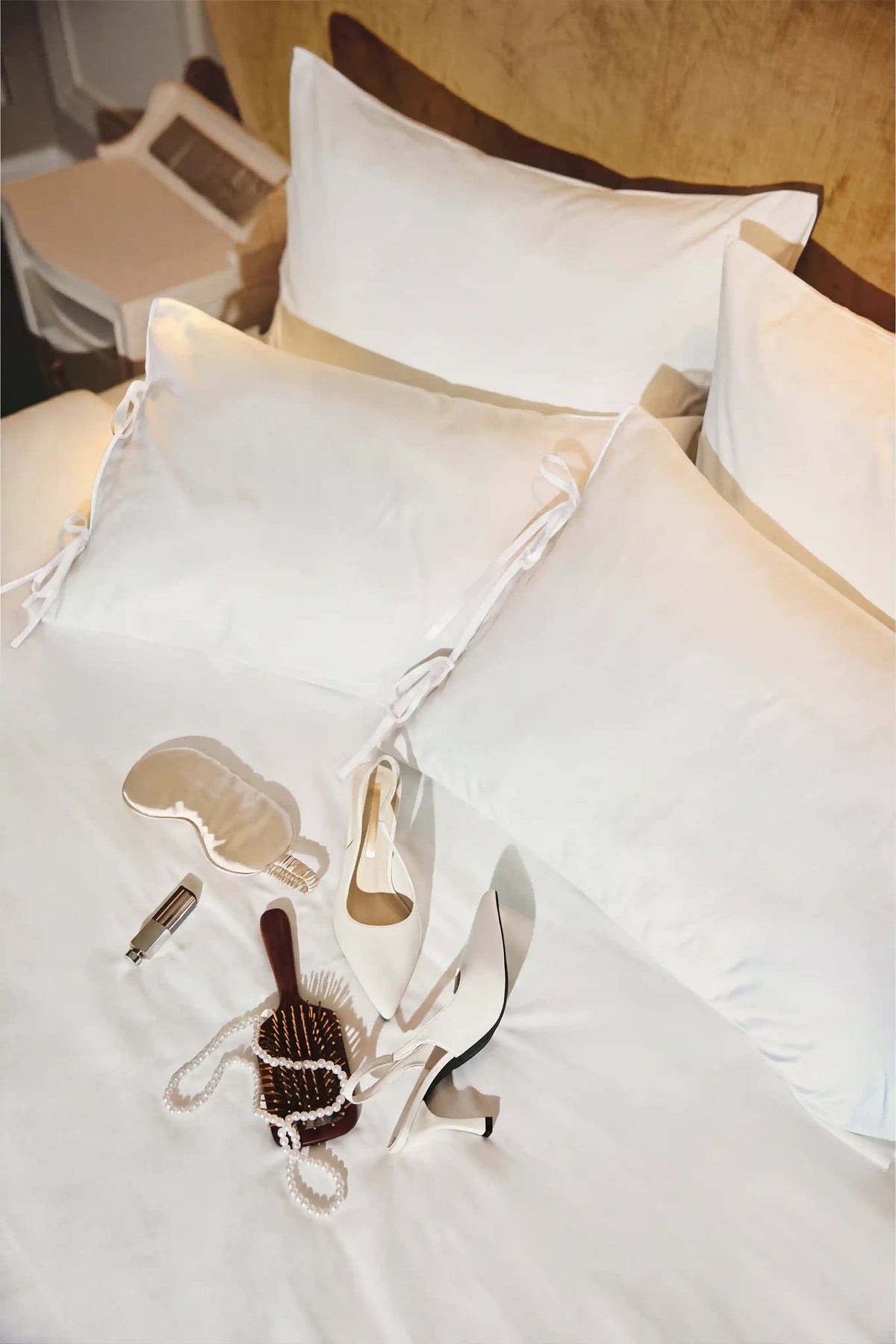 Camille Ribbons Satin Pillowcase in White by Meezily, an elegant white satin pillowcase with a smooth finish