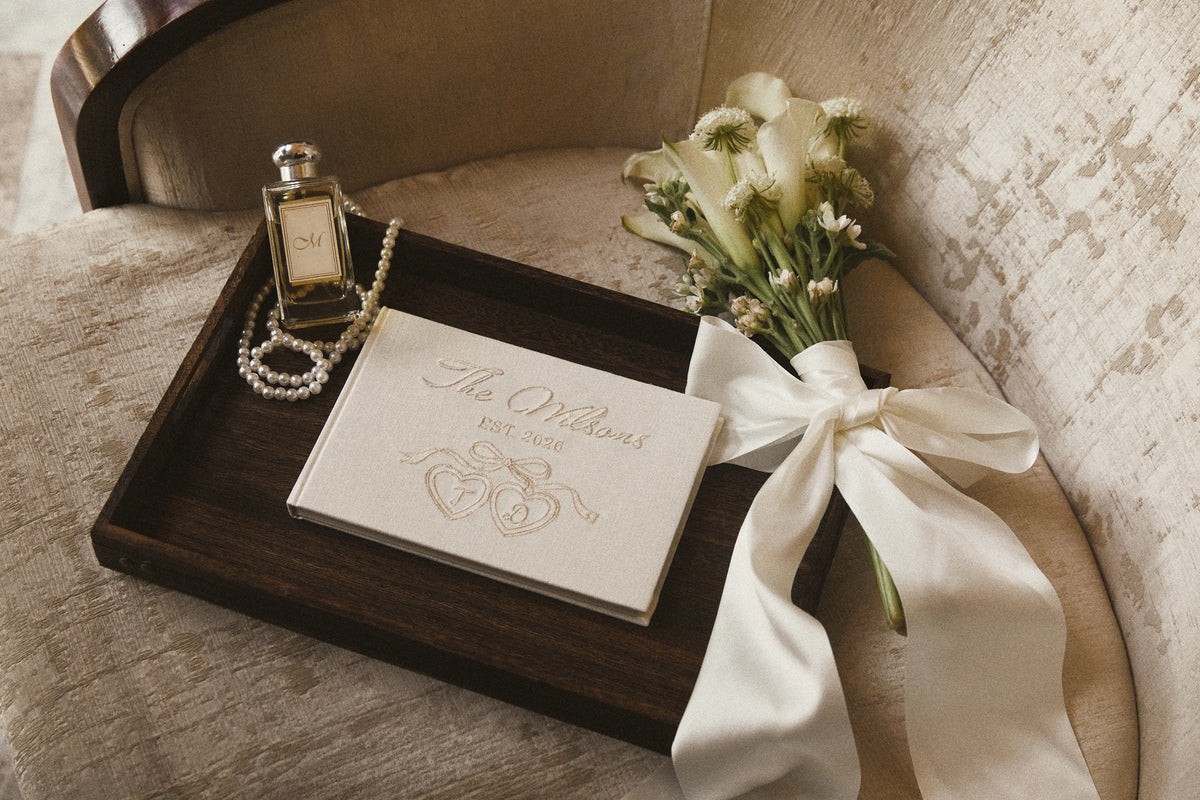 Cherish Embroidered Wedding Guest Book in Ivory, an elegant book for guests to write wedding wishes and messages