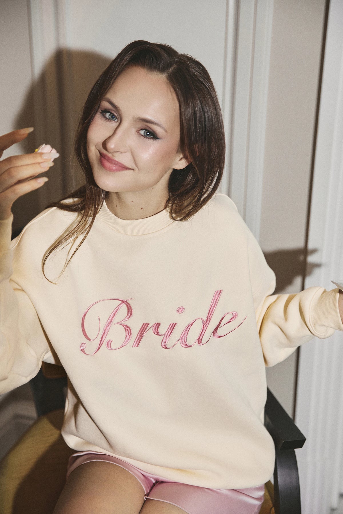 Embroidered Bridal Sweatshirt in Butter featuring delicate bridal embroidery on a warm yellow fabric