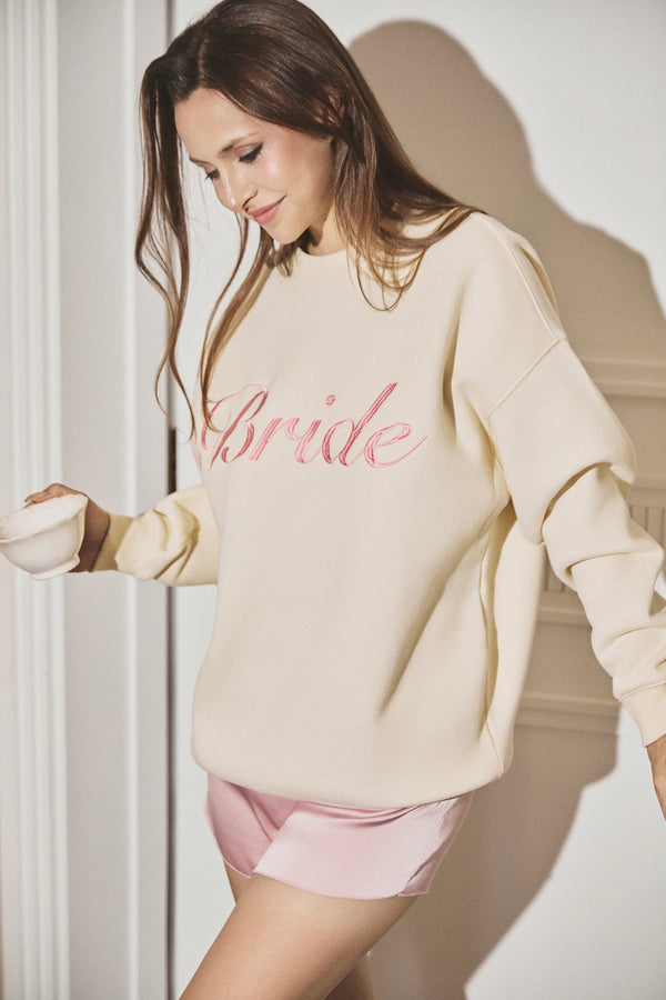 Embroidered Bridal Sweatshirt in Butter by Meezily, a soft butter-yellow bridal sweatshirt with elegant embroidery