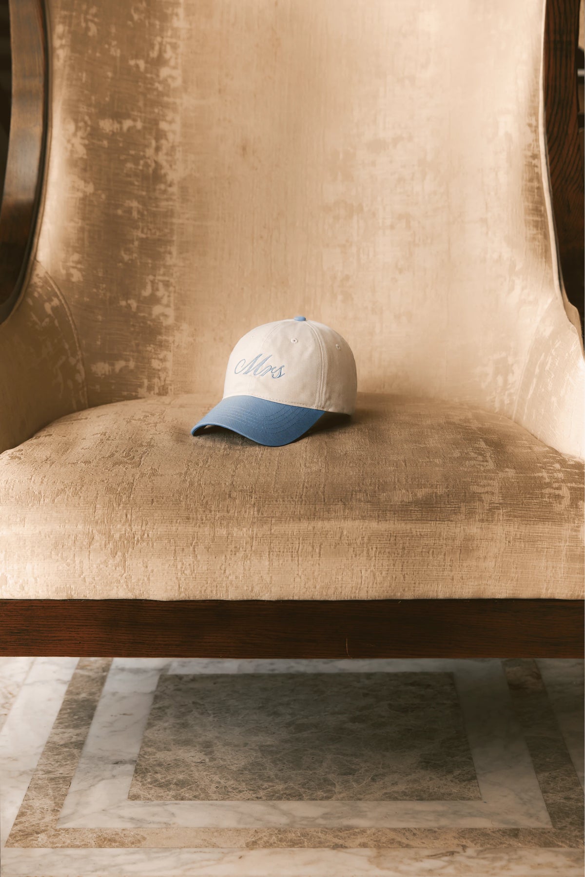 Embroidered Two-Tone Cap in White and Baby Blue by Meezily – front view of the two-color embroidered baseball cap