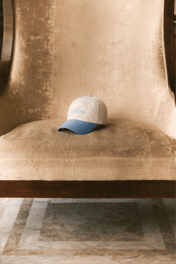 Embroidered Two-Tone Cap in White and Baby Blue by Meezily – front view of the two-color embroidered baseball cap