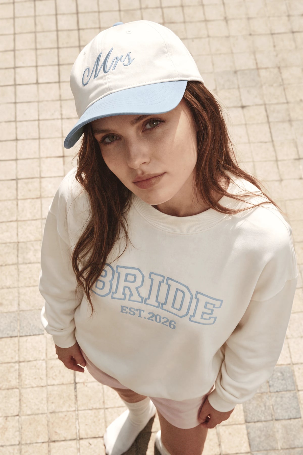 Embroidered Two-Tone Cap in White and Baby Blue by Meezily - side view highlighting the contrasting color panels