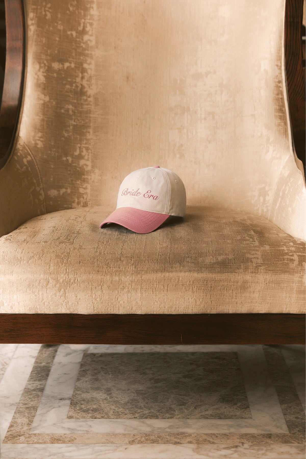 Embroidered Two-Tone Cap in White and Blush Pink by Meezily - front view of the two-tone embroidered baseball cap