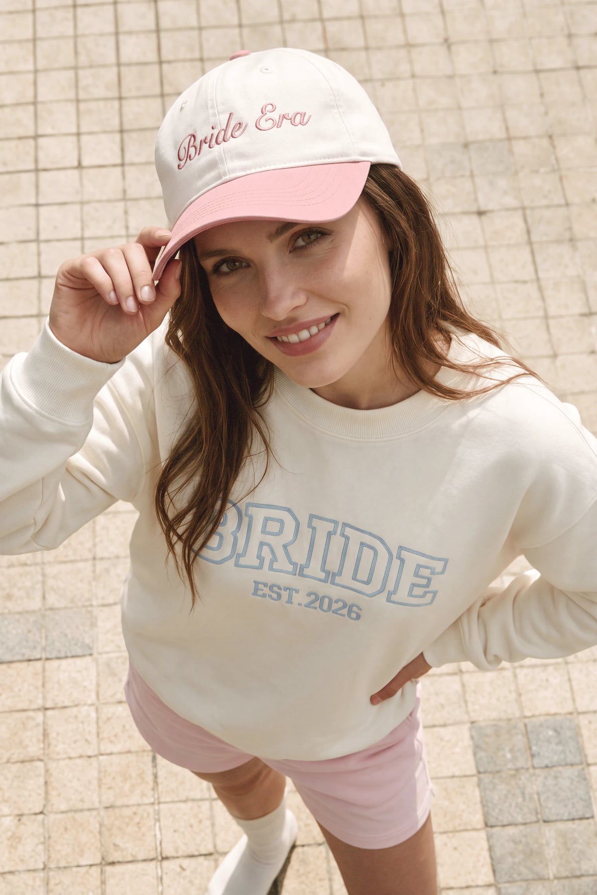 Embroidered Two-Tone Cap in White and Blush Pink by Meezily - side view highlighting the contrasting color panels
