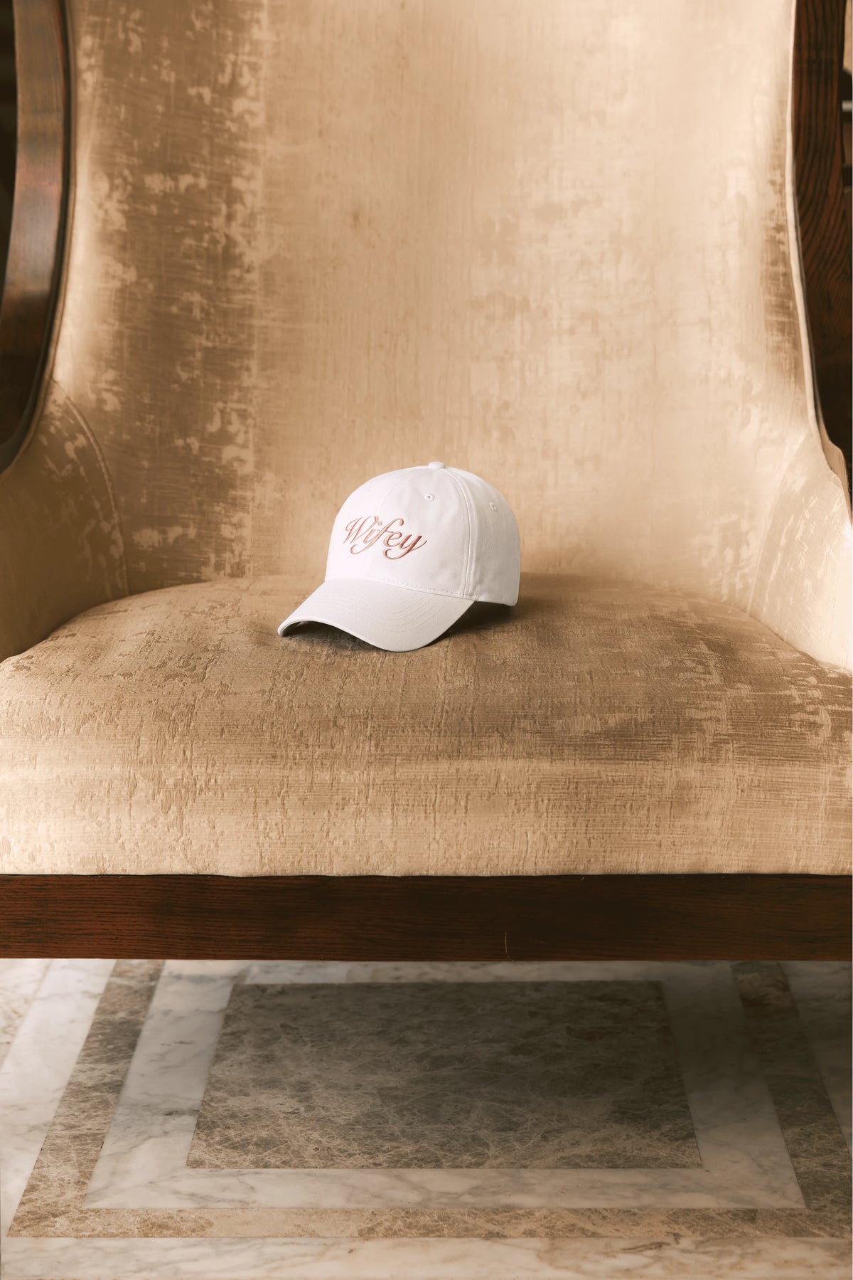 Embroidered White Cap by Meezily – front view showcasing the embroidered design on the white baseball cap