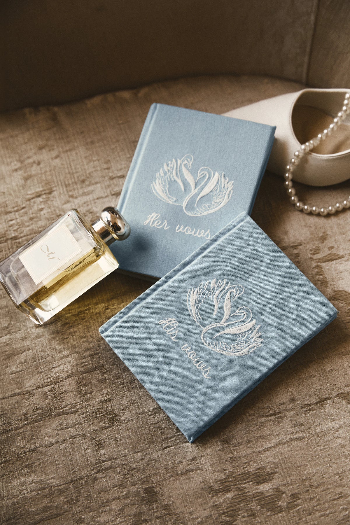 Evermore Embroidered Wedding Vow Book in Baby Blue featuring delicate embroidery on the fabric cover