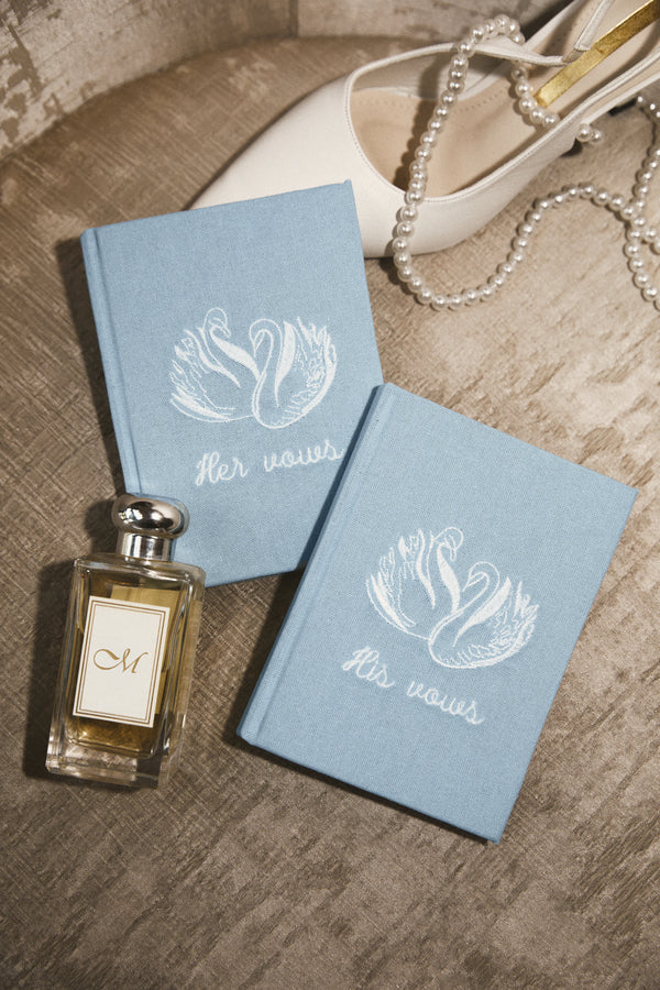 Evermore Embroidered Wedding Vow Book in Baby Blue by Meezily – front cover showcasing the elegant embroidered design
