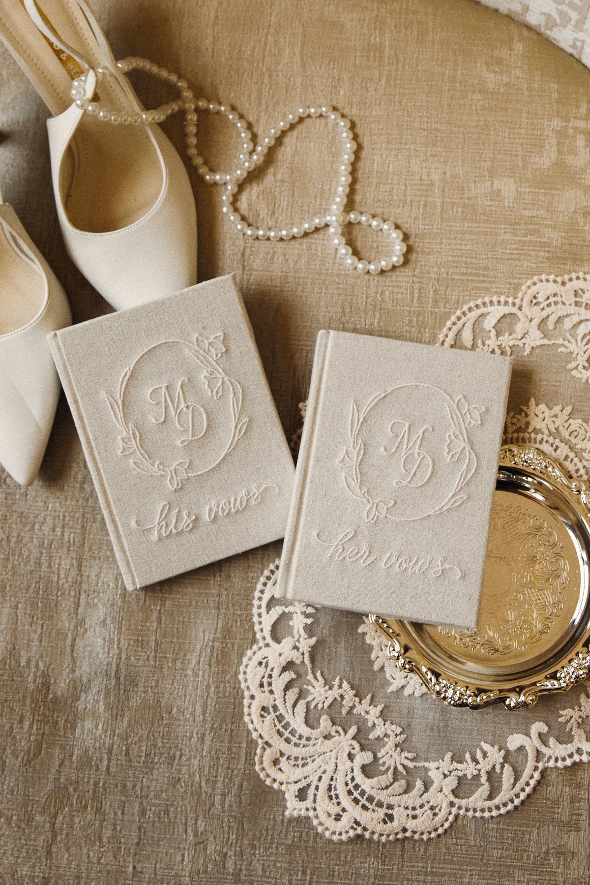 Evermore Embroidered Wedding Vow Book in Ivory by Meezily – front cover featuring elegant embroidery
