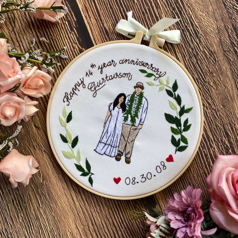 Custom Embroidered Portraits From Photo, Botanical Wedding Gifts, Anniversaries Gifts