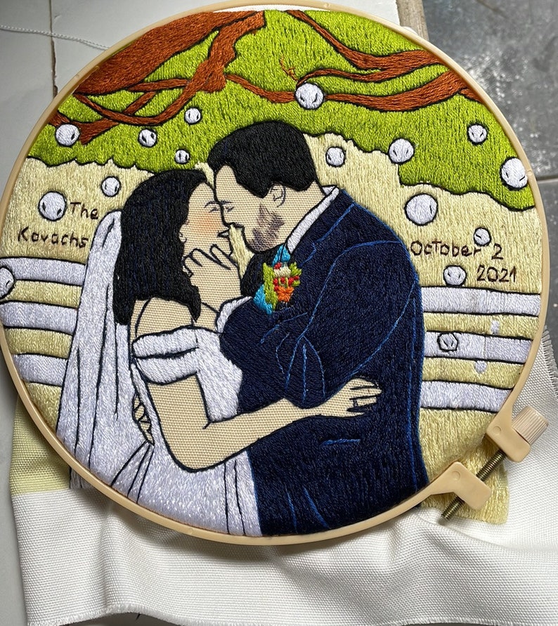 Custom Embroidered Portraits With Full Background, Personalized Gifts For Couple