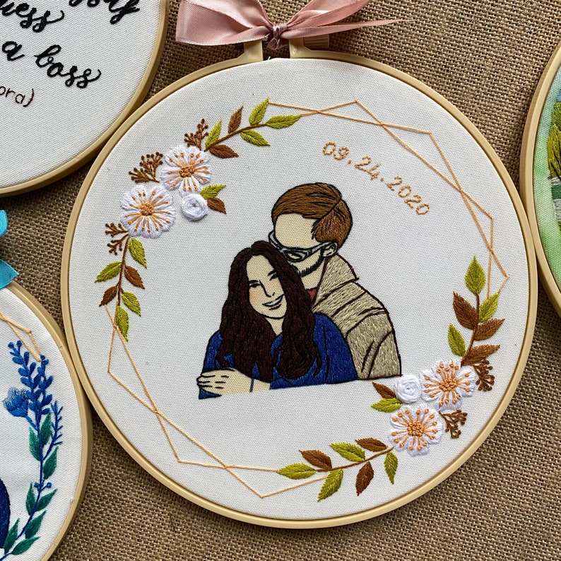 Custom Embroidered Portraits From Photo, Botanical Wedding Gifts, Anniversaries Gifts