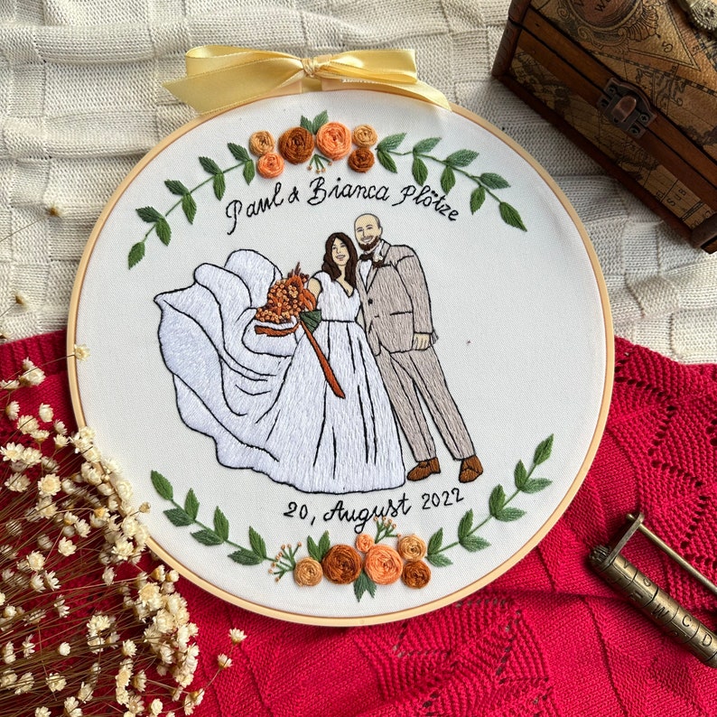 Custom Embroidered Portraits From Photo, Botanical Wedding Gifts, Anniversaries Gifts