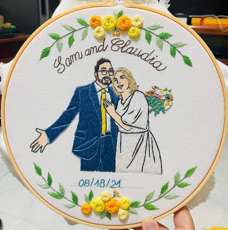 Custom Embroidered Portraits From Photo, Botanical Wedding Gifts, Anniversaries Gifts